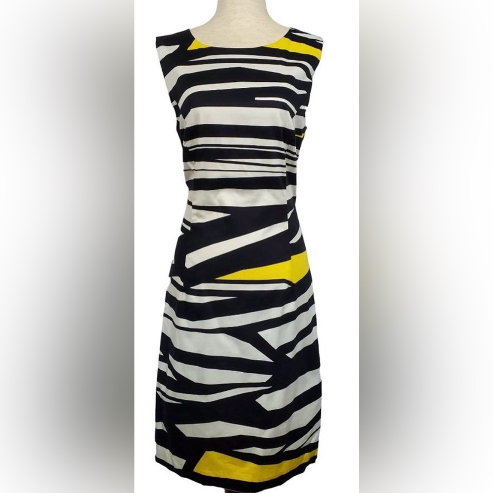 Belle Badgley Mischka Sleeveless Striped Sheath Dress in Black, White & Yellow